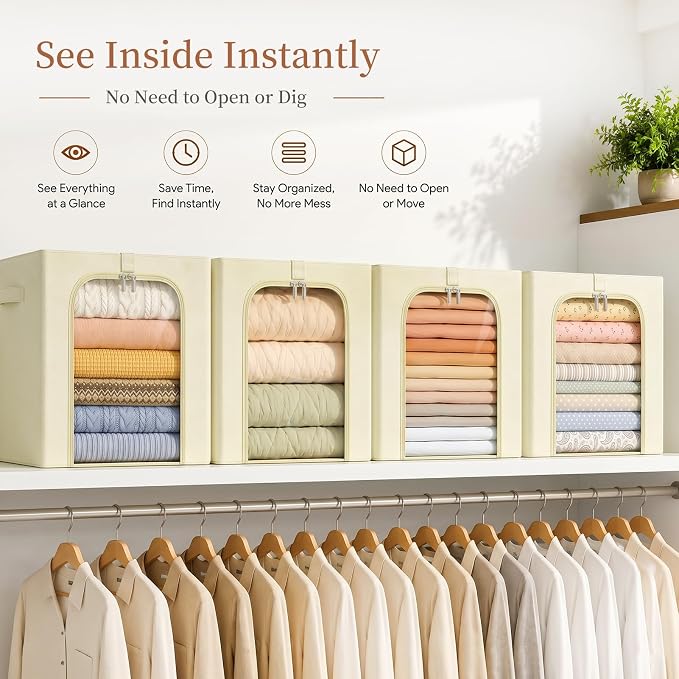 GoMaihe Clothes Storage Bins with Metal Frame, 40L Sweater Storage Boxes for Above Shelf Closet, 4 Pack Stackable Clothing Storage Organizer with Clear Window for Jeans Hoodies T-shirt – Beige