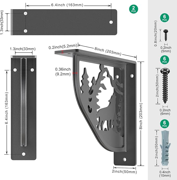 SELEWARE Black Heavy Duty Shelf Brackets, L 8" x H 8" x W 2" Wall Mount Decorative Shelving Brackets, 1/5" Thick Metal L Brackets with Mounting Hardware for DIY Floating Shelf (Wolf, 2 Pack)