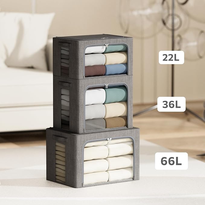 4 Pack Clothes Storage Bins with Metal Frame - 22L Stackable Storage Box with Lid，Foldable Storage Container Organizer for Clothes，Linen Fabric Storage Box with Clear Window＆Zippers＆Handles