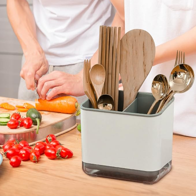 Utensil Holder Cutlery Drainer Sink Caddy, Chopsticks Holder Spoon Chopsticks Fork Drain Rack Basket Storage Holder Organizer Compartment Box (Grey)