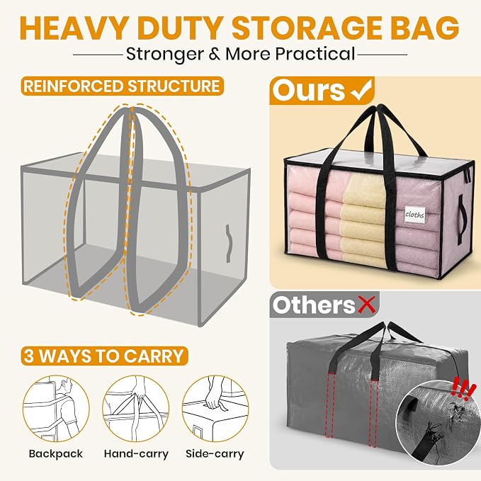 Velway Pack of 2 95 L Storage Bags, Heavy-Duty Christmas Warehouse, Transparent Moving Boxes, Large, Foldable, with Zip Handle, Waterproof Storage Bag for Moving Bedding, Clothing Storage