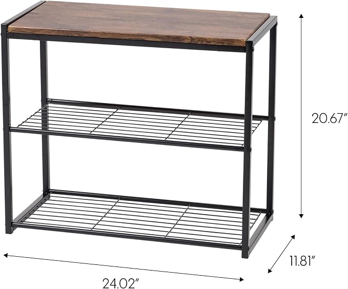 IRIS USA 3-Tier Shoe Rack, Up to 6 Pairs, Shoe Bench for Front Door Entrance, Entryway, Mudroom Bench, Shoe Organizer for Closet, Shoe Storage Shelf, Modern Wood and Metal Shoe Rack Bench