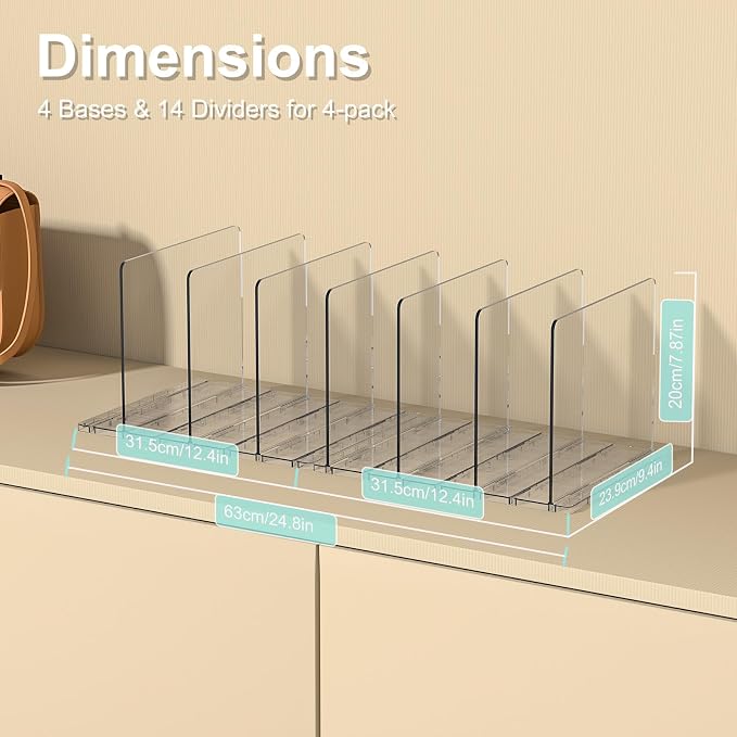 SortNStore Bag & Purse Organizer for Closet: Adjustable Clear Handbag Storage Shelf - Plastic Clutch Dividers for Closet Organizers and Storage - Keep Carteras & Pocketbook Upright