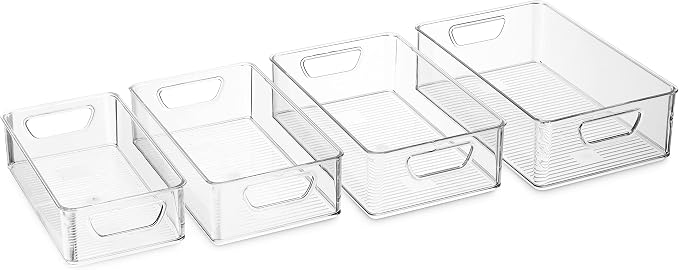 Munfix Set Of 16 Refrigerator Organizer Bins - Plastic Pantry Organization and Storage Baskets - Stackable Food Fridge Organizers with Cutout Handles for Freezer, Kitchen, Countertops, Cabinets