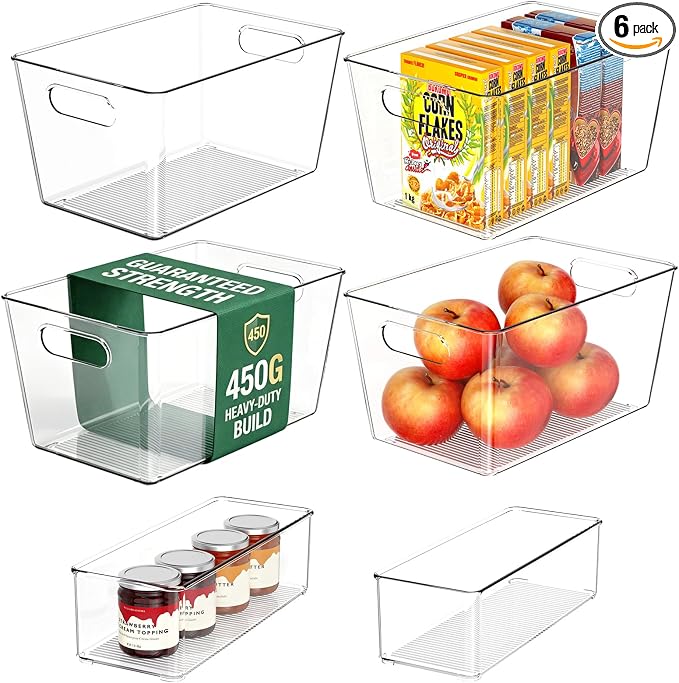 Set of 6 Clear Plastic Storage Bins, 4 Large +2 Small Pantry Organizers and Storage Containers for Kitchen Organization, Home Storage Must Haves for Office, Closet, Garage, Freezer& Bathroom