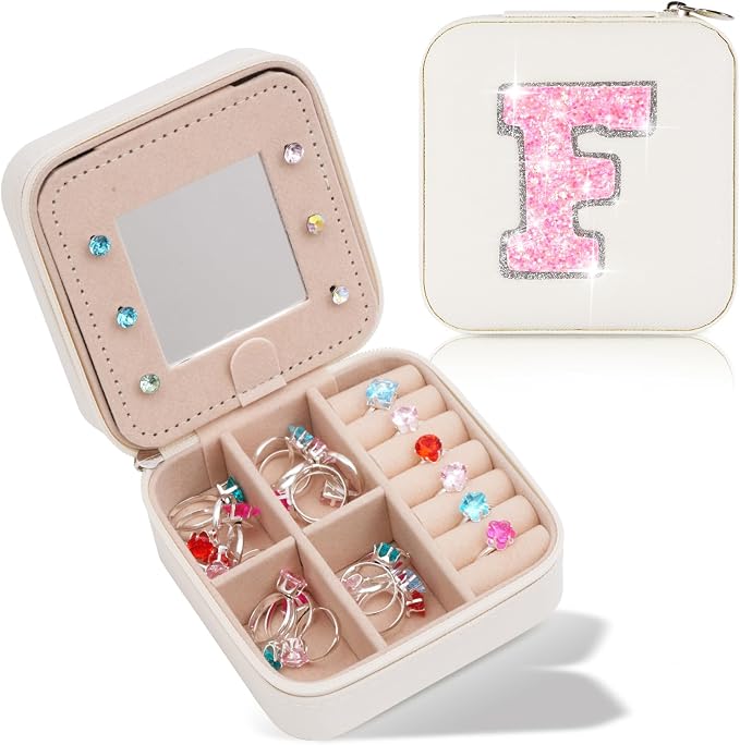 Uygafly Personalized Jewelry Case for Women Girls - Fashion Mini Jewelry Boxes - Trendy Travel Jewelry Organizer with Initials Letter - Teen Gifts | Cream,F