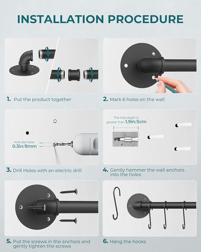 OROPY 38'' Pot Rack Wall Mounted, Iron Pipe Hanging Pot Rack, 14 S Hooks | Industrial Utensils Kitchen Hanging Rail, Pot and Pan Organizer, Pot Lid Organizer, Black
