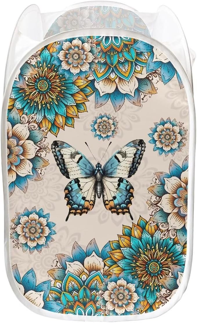 AFPANQZ Boho Flower Butterfly Popup Laundry Hampers with Mesh Pocket Collapsible for Storage and Easy to Open Folding Pop Up Clothes Hampers 61L,13.5x13.5x21 inches