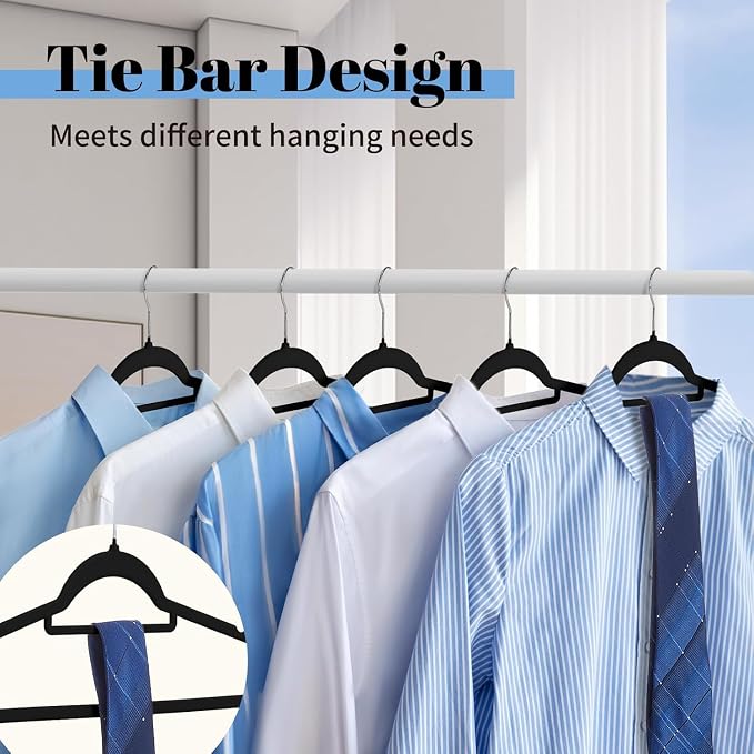 Smartor Black Velvet Hangers 120 Pack, Non-Slip Clothes Hanger with Tie Bar | Premium Slim Space Saving Felt Hanger for Closet Organizers and Storage, Heavy Duty Hanger with Shoulder Notches for Coats