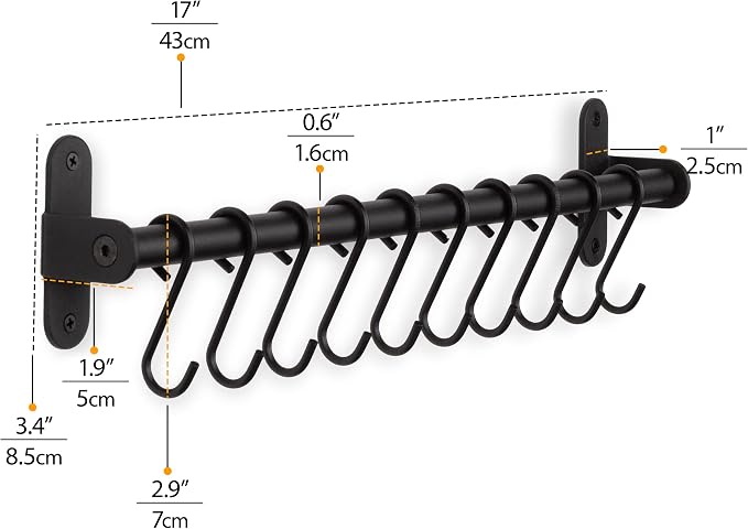 Wallniture Lyon Kitchen Rail with 10 Utensil Holder S Hooks for Hanging Kitchen Utensils Set and Cookware, 17" Frosty Black