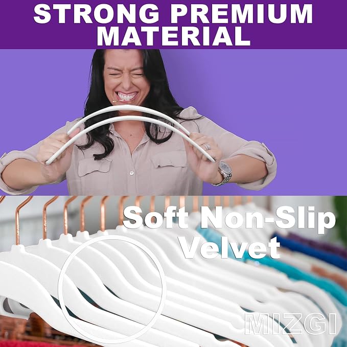 MIZGI Premium Velvet Hangers (60 Pack) Heavy Duty - Non Slip Felt Hangers - Velvet Suit Hangers White - Rose Gold Hooks,Space Saving Clothes Hangers