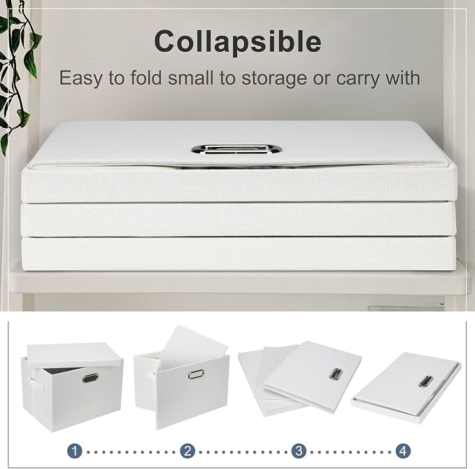 Graciadeco Large 17" 36 Quart Collapsible Stackable Storage Bins with Lids, 5 Packs White Linen Fabric Closet Boxes with Lids, Storage Cube Baskets Container Organizers for Bedroom Office(17 x12 x11)