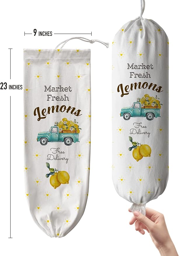 Hglian Farmhouse Grocery Bag Holder Cute Market Fresh Lemons Buffalo Check Truck Plastic bag Storage Organizer