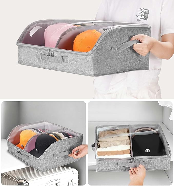 Hat Organizer for Baseball Caps, 2 Compartments Clear Window Hat Storage Box for Closet Hold Up to 24 Caps, Hats Holder Container with Sturdy Cardboard for Home Storage | Gray