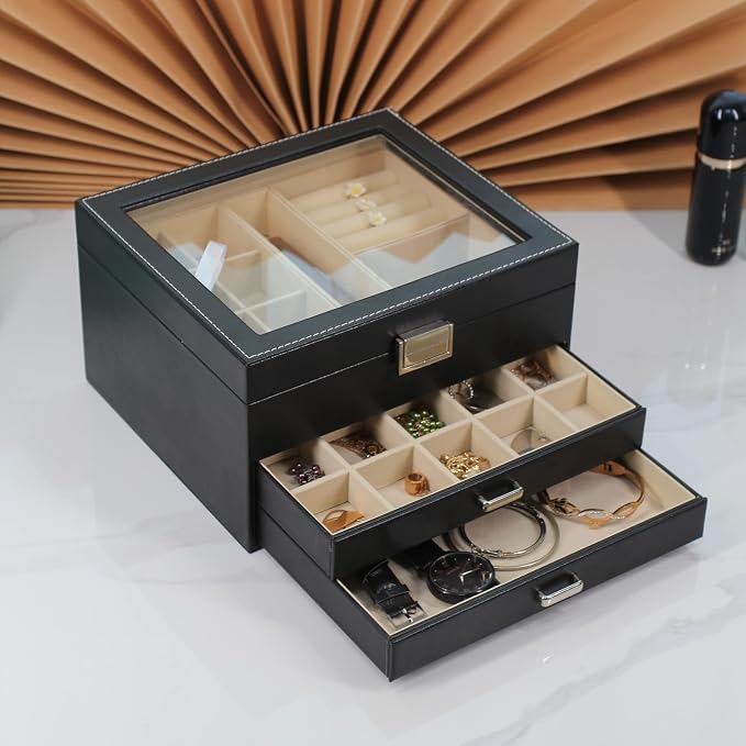 BOOVO Clear Lid Jewelry Box,3 Layers Jewelry Organizer Large Jewelry Storage Box with 2 Drawers,Jewelry Holder Organzier of Rings Earrings Necklace Bracelets for Women (Black, 3 Layer)