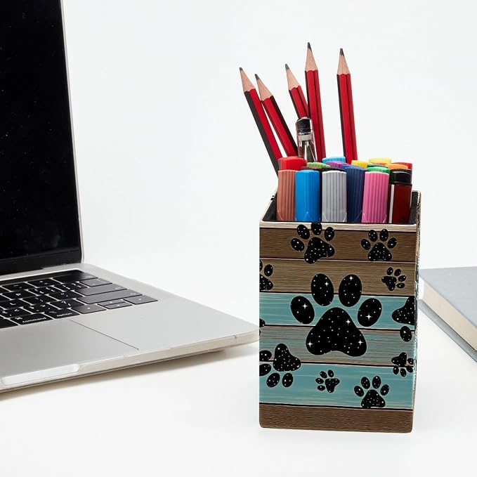 Pen Holder for Desk, Teal Brown Wood Grain Galaxy Paws Pencil Holder, Pen Cup Functional Desk Organizer for Office Supplies