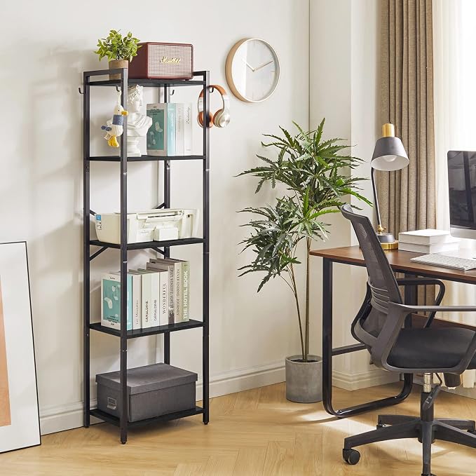 YMYNY Bookshelf, 5-Tier Ladder Shelf Organizer, Narrow Shelving Unit, Corner Storage Racks, Large Capacity Bookcase, for Home Office Living Room Balcony Bathroom, 57.7" H, Metal Frame,UHBC005B