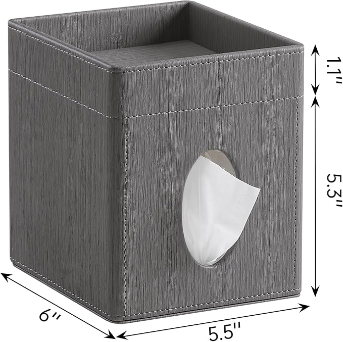 Tissue Box Cover, PU Leather Square Tissue Box Holder with Storage Tray for Bathroom Vanity Countertop Night Stands Bedroom Office Desk, Stylish Tissue Holder Decorative Organizer (Gray)