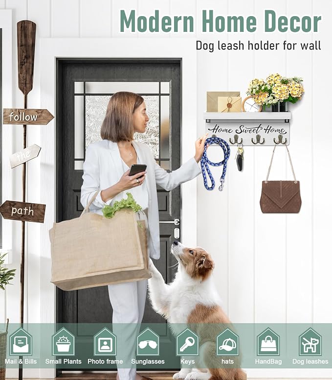 buways Wall-Mounted Key and Mail Holder, Wooden Key Rack with 4 Double Key Hooks, Rustic Home Decor for Entryway(White)