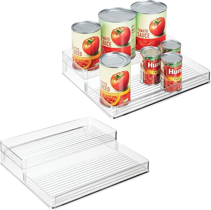 mDesign Plastic Kitchen Food Storage Organizer Shelves, Spice Rack Holder for Cabinet, Cupboard, Countertop, Pantry - Holds Jars, Baking Supplies, Canned Food - 2 Levels - 2 Pack - Clear