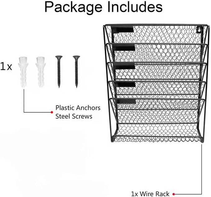 Wall File Holder Hanging Mail Organizer Metal Chicken Wire Wall Mount Magazine Rack for Home and Office (Black)