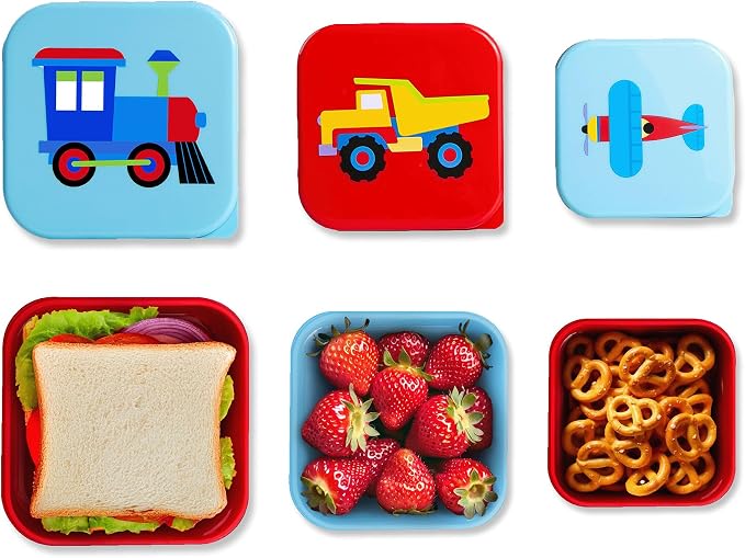 Wildkin Set of 3 Kids Nesting Food Containers for Boys – Stackable, Airtight & BPA-Free Snack Containers, Dishwasher Safe Lunch Box Containers for School & Travel, Ages 3–12 – Trains, Planes & Trucks