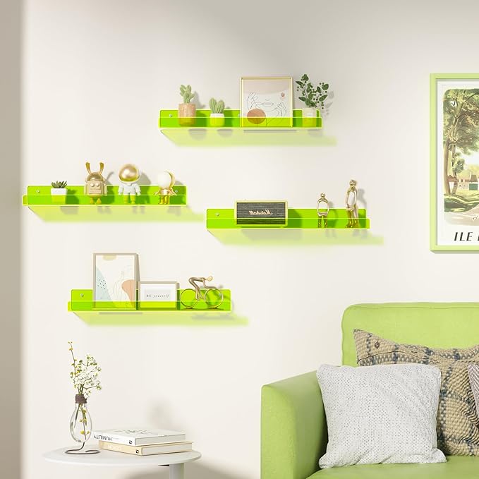 upsimples 4 Pcs 15" Acrylic Shelves for Wall Display, Fluorescent Green | Cute Floating Shelf for Perfume, Skincare, Nail Polish, Wall Organizer for Bedroom, Living Room, Playroom, Room Décor
