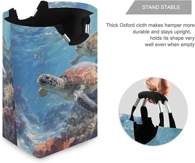Sea Turtles Swimming in Vibrant Coral Reef Large Laundry Hamper Basket, Collapsible Laundry Bag Storage Bins Baskets with Handles for Laundry, Bedroom, Home Decor
