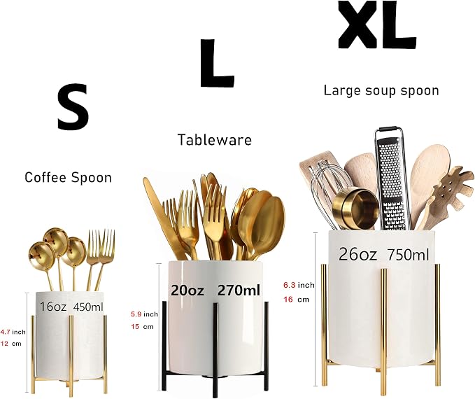 2pcs Cutlery Holder White Ceramic With Black Matte Bracket Robust Silverware Caddy For Store Forks, Knives, Spoons, Napkins, Medium