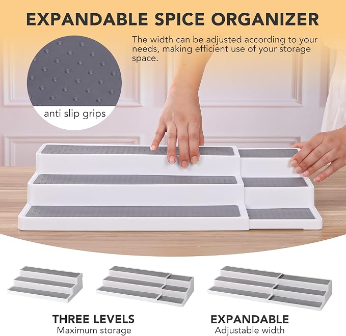 CiWiVOKi 3 Tier Expandable Spice Rack Organizer, Plastic Spice Rack, Adjustable Length 14.6In-25.8In, Non-Skid Tiered Spice Shelf Organizer for Kitchen Cabinet, Cupboard, Pantry, White/Grey