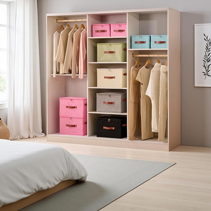 3PCS Storage Bins Boxes with Zippered Lids Cotton Linen Fabric Decorative Basket PU Leather Handles PP Plastic Board Foldable Lidded Clothing Shelf Closet Organizer Container (Black, Large)
