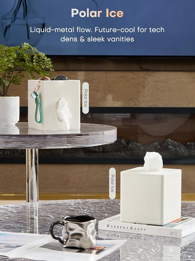 Square Tissue Box Cover Holder with Patented Texture for Kleenex/Puffs Cubes | Desktop & Shelf Decor | Stardust Black/Polar Ice/Liquid Iridium | Patented Metal-Look PU Leather -Polar Ice
