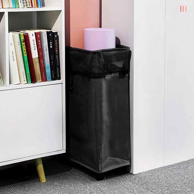 Slim Laundry Basket with Wheels Foldable Sorter and Organizer on Wheels Large Dirty and Thin Fabric Storage Basket for Household Items (Black)