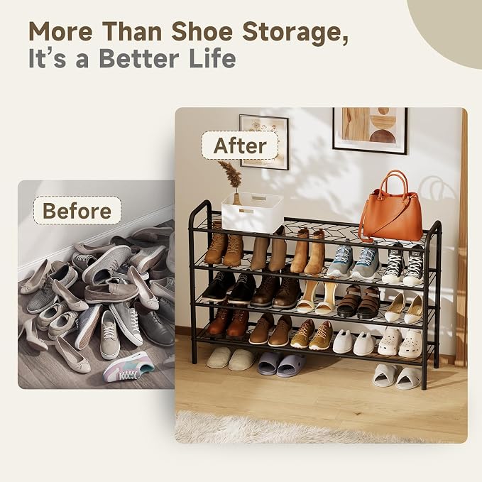 Shoe Rack,Long Shoe Organizer for Closet,Wide Shoe Storage for Entryway,4 Tier Sturdy Metal Free Standing Shoe Shelf