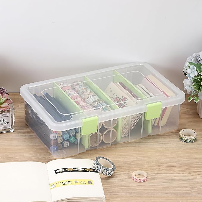 BTSKY Clear Plastic Dividing Storage Box with 4 Compartments Adjustable Storage Bin with Lid Plastic Craft Storage Container Multipurpose Sewing Box Art Supply Organizer, 13.3x8.1x3.4 Inches, Green