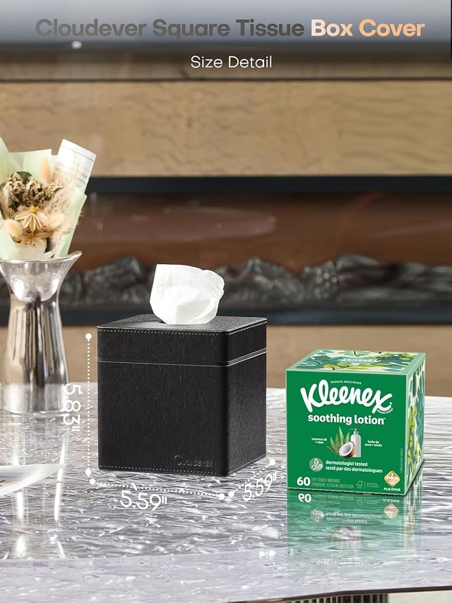 Square Tissue Box Cover Holder with Patented Texture for Kleenex/Puffs Cubes | Desktop & Shelf Decor | Stardust Black/Polar Ice/Liquid Iridium | Patented Metal-Look PU Leather-Stardust Black