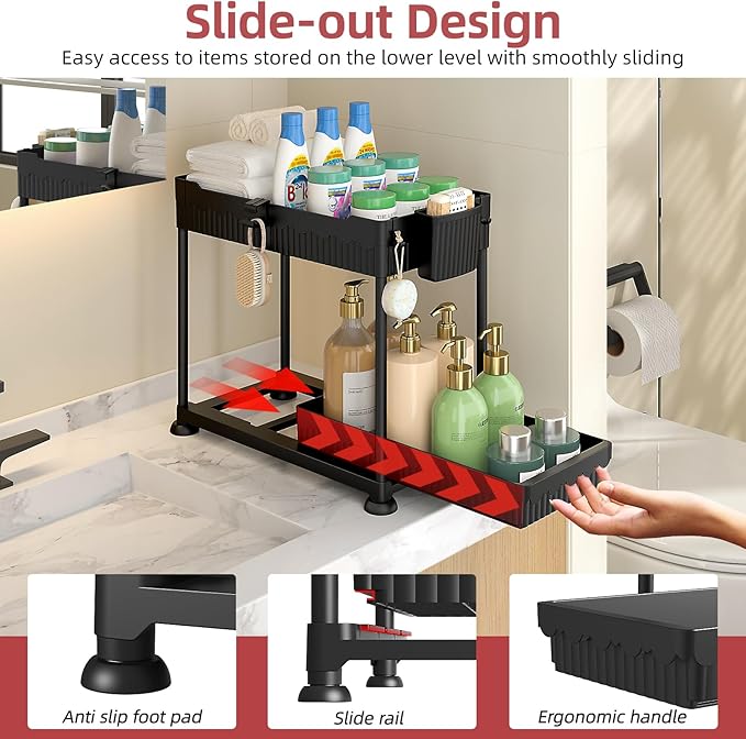 Sevenblue 4-Pack 2-Tier Under Sink Organizer with Pull Out Drawers | Multi-use kitchen & bathroom storage. Includes hanging hooks and cups. Black, space-saving cabinet design.