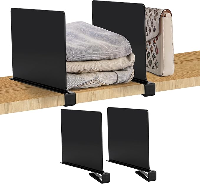 Matte Black Acrylic Shelf Dividers for Closets Organizer & Storage,2 Pack | Adjustable Vertical Wood Shelf Closet Separators, Keep Clean, for Clothes,Book,Bags, in Bedroom and Kitchen