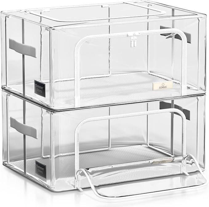 Sorbus Storage Bins with Metal Frame - Stackable & Foldable Clothes Organizer Bags - Clear Soft Plastic Storage Containers (2 Pack, Small)