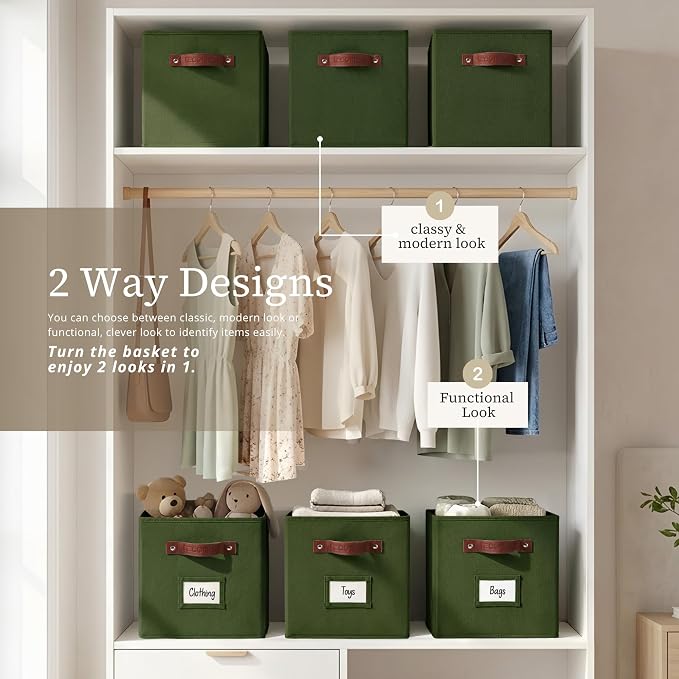 DECOMOMO Storage Bins, Cube Storage Bin with Labels | 13" x 13" x 13" Fabric Storage Cubes for Shelves (6pcs, Olive Green)