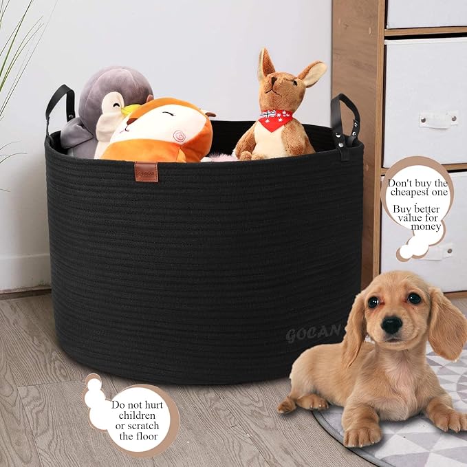 GOCAN Extra Large Storage Laundry Basket 22" X 22"X 14" Cotton Rope Woven for Blanket Basket with Handles for Living Room Toys Storage XXXL (Pure Blk)