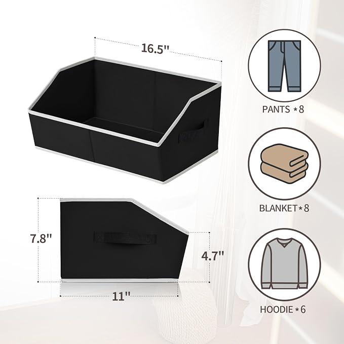 Homsorout Storage Baskets for Shelves - Trapezoid Cube Storage Organizer Bins, Decorative Storage Baskets with Handles, Large Shelves Organizer for Home, Office, Dorm, Black, 4 Pack