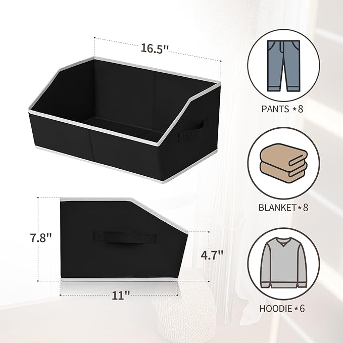 Homsorout Closet Baskets for Shelves Trapezoid - Decorative Storage Baskets with Handle, Closet Bins for Organization, Shelf Storage Bins for Clothes, Books, Home, Office, 8 Pack, Black
