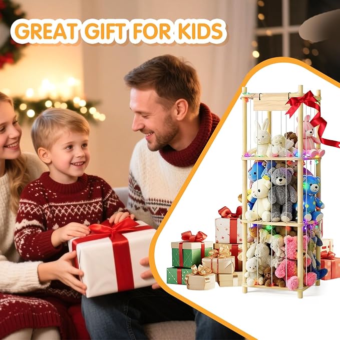 Stuffed Animal Storage Zoo Organizer Natural Pine Plushies Storage with Elastic Bands Vertical Wood Toy Holder Mesh Net Space Saving Design for Playroom Nursery Kids Bedroom
