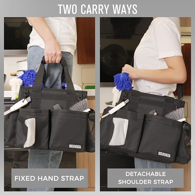 SCAVATA Compact Wearable Cleaning Caddy, Small Supplies Organizer with Handle & Shoulder Straps for Housekeepers, Under Sink & Car Cleaning Tool Organizer Bag (Black)