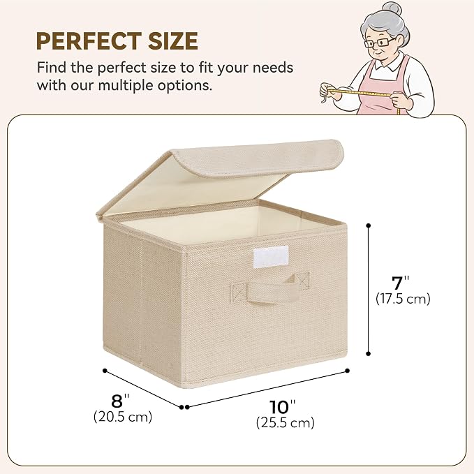 GRANNY SAYS Small Storage Bins with Lids, Small Storage Boxes, Shelf Baskets for Shelf, Collapsible Storage Bins for Living Room, Bedroom, 10x8x7 Inch, Khaki, 2-Pack