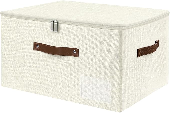 ANMINY Storage Bins with Zipper Lid Storage Boxes with Label Holder PU Leather Handles Washable Foldable Decorative Lidded Cotton Linen Fabric Cubes Baskets Closet Organizer - Beige, Large