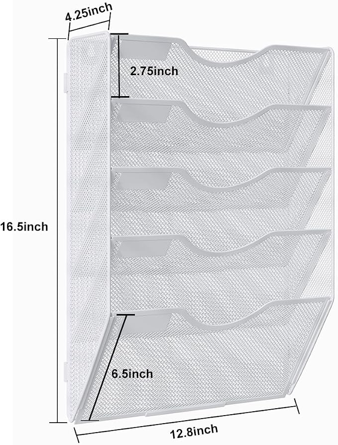 PAG Hanging Wall File Holder, 5 Tier Mail Sorter for Wall, Mesh Office Wall Organizer For Papers/Folders/Files Clipboard & Magazine, White