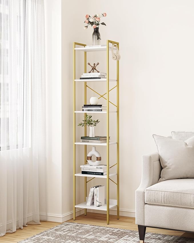 Hzuaneri Bookshelf, Book Shelf, Industrial Bookcase with 2 Hooks, Coner Shelf Storage Organizer for Home Office, Living Room, Bedroom, Kitchen, 6-Tier White-Gold BC10713G
