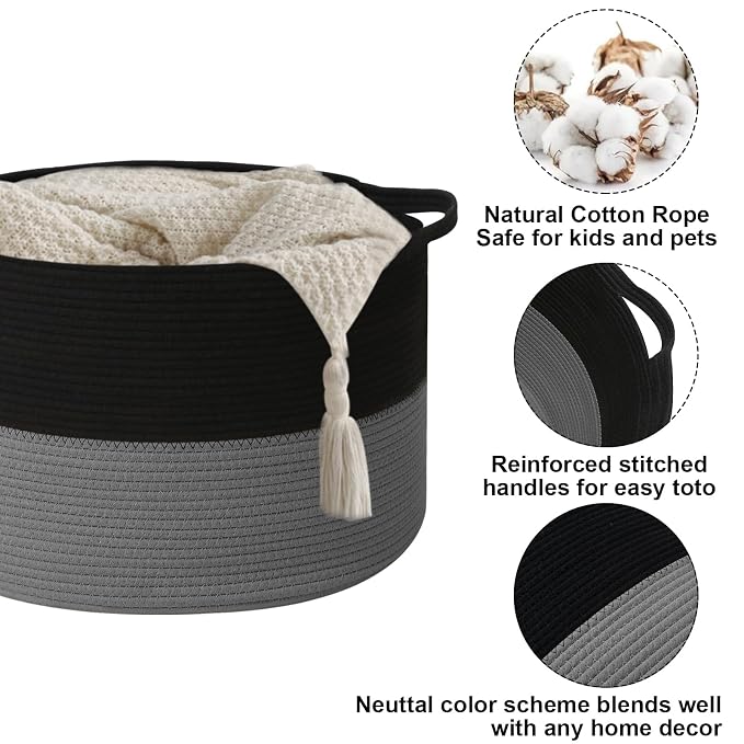 115L Large Blanket Basket,Woven Rope Laundry Basket Hamper with Handles, Decorative Nursery Basket Storage Bin for Toys, Clothes Organizer, Living Room, Bedroom, Bathroom, Black&Dark Grey